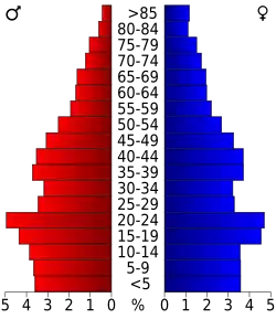 Schéma représentant la population du comté, par tranche d'âge. En rouge, à gauche, les femmes, en bleu à droite, les hommes.