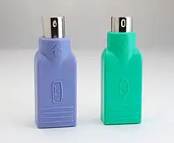 Convertisseurs USB → PS/2 pour clavier (bleu-violet) et souris (vert)..