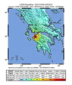 Carte de la Grèce montrant un dégradé de couleurs du rouge vers le bleu.
