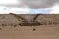 Vestige d'un chaccu. Des murs en pierres forment un entonnoir qui se termine en enclos.