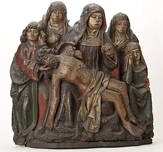 Groupe de sculptures en chêne, la Lamentation du Christ, polychrome.