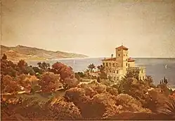 Vue du palais de Hanbury avec sa tour, au milieu d'un parc botanique luxuriant. Aquarelle ancienne.