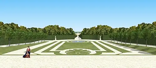 Vue sur le boulingrin de Villeneuve depuis la terrasse du château, vers 1710.