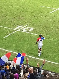 Homme debout, de dos, vu depuis le haut des tribunes. Des spectateurs avec des drapeaux sont au premier plan.