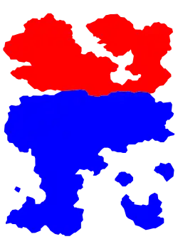 Carte géographique fictive, de couleur rouge et bleue.