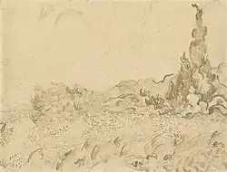 Champ de blé et Cyprès (1889), dessin à la plume de Vincent van Gogh dont le cyprès figure sur les étiquettes du domaine Hauvette.