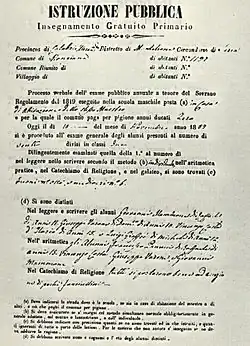 Photo d'un document officiel sur papier avec pour intitulé : Istruzione Pubblica