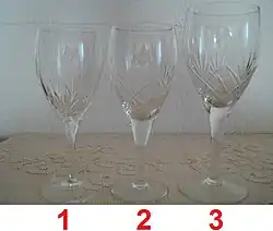 Verres de table, 1=vin blanc, 2=vin rouge, 3=eau