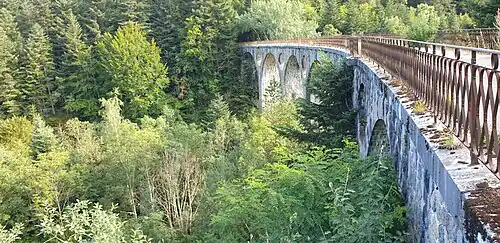 Le viaduc des Peux, ancien pont ferroviaire en courbe franchissant la Besbre sur la commune de Saint-Priest-la-Prugne.