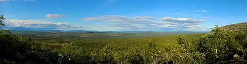 Panorama depuis le plateau montrant une vaste forêt sur les pentes