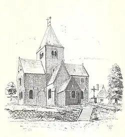 L'église en 1870.Dessin de Joachim Malézieux (1851-1906).