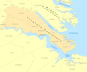 La péninsule de Virginie (orange)