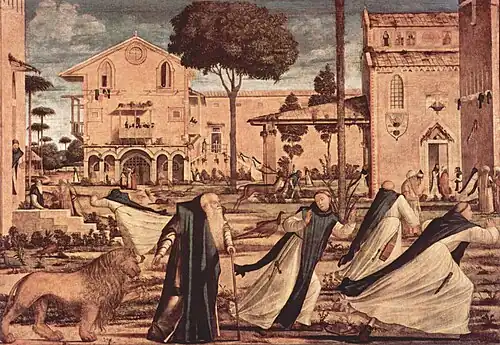 Saint Jérôme conduisant au monastère le lion blessé, 141&nbsp;×&nbsp;211&nbsp;cm, 1502, huile sur toile, Scuola di San Giorgio, Venise.