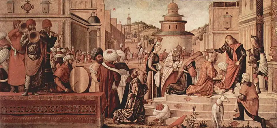 Saint Georges baptisant les Silénites, 141 × 285 cm, 1507, huile sur toile, Scuola di San Giorgio, Venise.