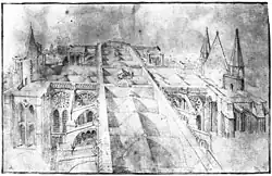 Vue du dessus des voûtes de la cathédrale de Chartres après l'incendie de 1836, gravure de Paul Durand.