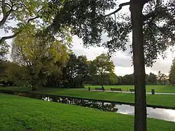 petit canal bordé de pelouses et arbre à droite