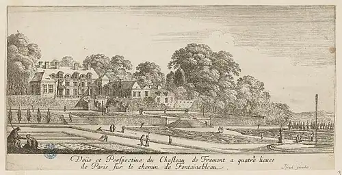 Vue et perspective du chasteau de Frémont à quatre lieues de Paris sur le chemin de Fontainebleau. Milieu du XVIIe&nbsp;siècle.
