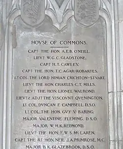 Mémorial à Westminster Hall commémorant les membres de la Chambre des communes morts à la Grande Guerre, dont Harold Cawley. (Oswald Cawley est nommé en bas de liste, hors-champ de cette image.)