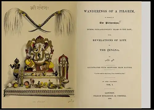 Ouverture lithographiée de Wanderings of a Pilgrim in Search of the Picturesque (Londres, 1850), souvenirs de l'autrice-voyageuse Fanny Parkes&nbsp;(en)