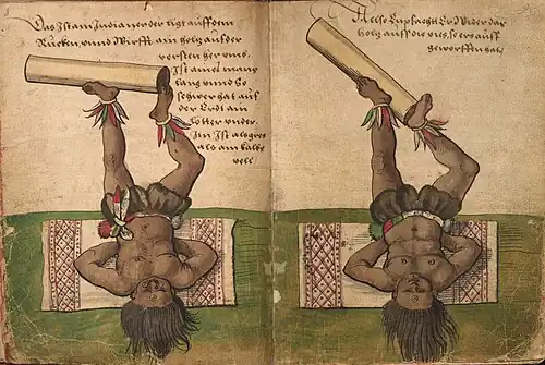 Das Ist ain Indianer der ligt auff dem Rucken, vnnd Wirfft ain holtz aus der versten heraus, Ist aines mans lang vnnd so schwer hat auf der Erdt ain lötter vnder Im Ist als gros als ain kalbs vell p.&nbsp;8-9