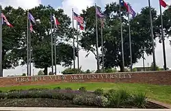 Photographie en couleurs d'un muret en brique où est inscrit le nom de l'université, sur lequel figurent plusieurs drapeaux aux couleurs des États-Unis, du Texas et de l'université.