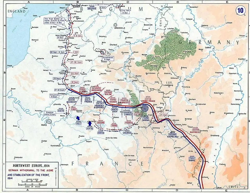 Carte de l'est de la France avec des annotations bleues et rouge pour indiquer les positions françaises et allemandes et le front.