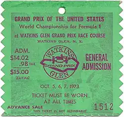Photo d'un ticket d'entrée du Grand Prix des États-Unis 1973 valable sur trois jours.