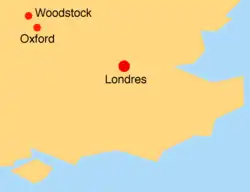 Carte simplifiée à l'extrême du sud-est de l'Angleterre. Seuls figurent les villes de Londres, Oxford au nord-ouest et un tout petit peu plus loin au nord-ouest, Woodstock.