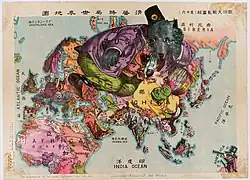 Une carte du monde japonaise humoristique représentant la Russie comme un gros ours