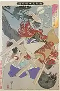 Le daimyō Takeda Shingen éjectant un vieux tanuki dans le Shinkei-sanjūroku-kaisen (新形三十六怪撰 ; sélection de trente-six monstres »).