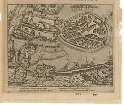 Vue de la ville lors du siège de l'armée espagnole en 1575.