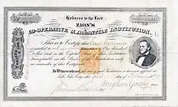 Action de la Zion's Co-Operative Mercantile Institution pour une part de 100 dollars, émise le 1er février 1873 à Salt Lake City, Territoire de l'Utah, signée en original par Brigham Young en tant que président