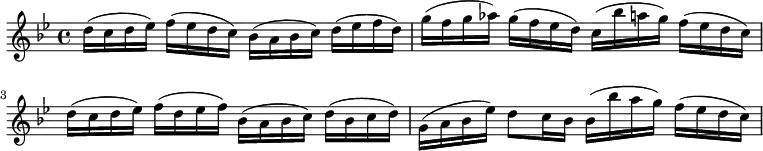 
\new Score {
 \new Staff {
 <<
 \new Voice = "one" \relative c' {
 \clef treble
 \key bes \major
 \time 4/4
 
 d'16 (c d ees) f (ees d c) bes (a bes c) d (ees f d) g (f g aes) g (f ees d) c (bes' a g) f (ees d c) d (c d ees) f (d ees f) bes, (a bes c) d (bes c d) g, (a bes ees) d8 c16 bes bes (bes' a g) f (ees d c) 
 }
 >>
 }
}
