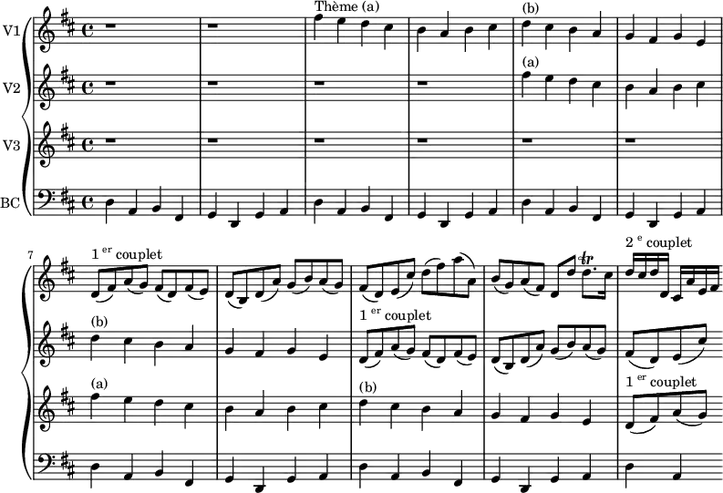 \version "2.12.0"
\new GrandStaff
<<
\new Staff \with {
instrumentName = "V1"
midiInstrument = "violin"
} \relative c'' {
\key d \major
\time 4/4
r1 r
fis4^\markup {"Thème (a)"} e d cis
b a b cis
d^\markup {"(b)"} cis b a
g fis g e
d8(^\markup {"1" \super "er" "couplet"} fis) a( g) fis( d) fis( e)
d( b) d( a') g( b) a( g)
fis( d) e( cis') d( fis) a( a,)
b( g) a( fis) d d' d8.\trill cis16
d^\markup {"2" \super "e" "couplet"} cis d d, cis a' e fis
}
\new Staff \with {
instrumentName = "V2"
midiInstrument = "violin"
} \relative c'' {
\key d \major
\time 4/4
r1 r r r
fis4^\markup {"(a)"} e d cis
b a b cis
d^\markup {"(b)"} cis b a
g fis g e
d8(^\markup {"1" \super "er" "couplet"} fis) a( g) fis( d) fis( e)
d( b) d( a') g( b) a( g)
fis( d) e( cis')
}
\new Staff \with {
instrumentName = "V3"
midiInstrument = "violin"
} \relative c'' {
\key d \major
\time 4/4
r1 r r r r r
fis4^\markup {"(a)"} e d cis
b a b cis
d^\markup {"(b)"} cis b a
g fis g e
d8(^\markup {"1" \super "er" "couplet"} fis) a( g)
}
\new Staff \with {
instrumentName = "BC"
midiInstrument = "cello"
} \relative c {
\clef bass
\key d \major
\time 4/4
d4 a b fis
g d g a
d4 a b fis
g d g a
d4 a b fis
g d g a
d4 a b fis
g d g a
d4 a b fis
g d g a
d4 a
}
>>
\midi {
\context {
\Score
tempoWholesPerMinute = #(ly:make-moment 56 4)
}
}