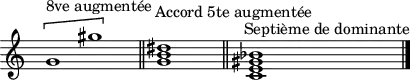 
\header {
  tagline = ##f
}

\score {
  \new Staff \with {
     \remove "Time_signature_engraver"
  }
<<
  \relative c'' {
    \key c \major
    \time 32/1
    %\set Staff.midiInstrument = #"violin" 
    \override TupletBracket #'bracket-visibility = ##f 
    %\autoBeamOff

     %%%%%%%%%
     s4 \[ g1^"8ve augmentée" gis' \] s4 \bar "||" s2^"Accord 5te augmentée" < g, b dis >1 \bar "||" s2^"Septième de dominante" < c, e gis bes >1
     \bar "|."

  }
>>
  \layout {
     \context { \Score \remove "Metronome_mark_engraver" }
  }
  \midi {\tempo 1=54}
}
