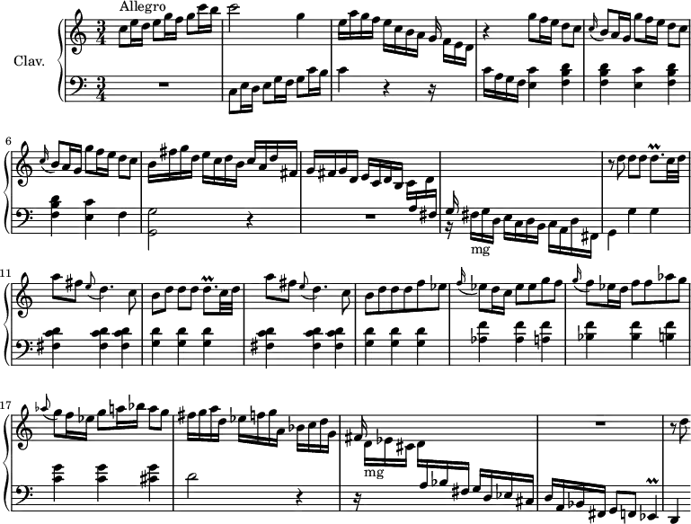 \version "2.18.2"
\header {
tagline = ##f
% composer = "Domenico Scarlatti"
% opus = "K. 225"
% meter = "Allegro"
}
%% les petites notes
trillDqp = { \tag #'print { d8.\prall } \tag #'midi { e32 d e d~ d16 } }
trillEes = { \tag #'print { ees4\prall } \tag #'midi { f32 ees f ees~ ees8 } }
upper = \relative c'' {
\clef treble
\key c \major
\time 3/4
\tempo 4 = 92
\set Staff.midiInstrument = #"harpsichord"
\override TupletBracket.bracket-visibility = ##f
s8*0^\markup{Allegro}
c8 e16 d e8 g16 f g8 c16 b | c2 g4 | e16 a g f e c b a g s16 s8 | r4 \repeat unfold 2 { g'8 f16 e d8 c |
% ms. 5
\appoggiatura c16 b8 a16 g } g'8 f16 e d8 c | b16 fis' g d e c d b c a d fis, | g fis g d e c d b \stemDown c \stemUp \change Staff = "lower" a16 \stemDown \change Staff = "upper" d \stemUp \change Staff = "lower" fis, |
% ms. 9
g s16 s8 s2 \change Staff = "upper" | \stemNeutral r8 \repeat unfold 2 { d''8 d d \trillDqp c32 d | a'8 fis \appoggiatura e8 d4. c8 | b8 }
% ms. 14 suite
d8 d d f ees | \appoggiatura f16 ees8 d16 c ees8 ees g f | \appoggiatura g16 f8 ees16 d f8 f aes g |
% ms. 17
\appoggiatura aes8 g8 f16 ees g8 a16 bes a8 g | fis16 g a d, ees f g a, bes c d g, | fis s16 s8 s2 | R2. | \change Staff = "upper"
% ms. 21
r8 d'8
}
lower = \relative c' {
\clef bass
\key c \major
\time 3/4
\set Staff.midiInstrument = #"harpsichord"
\override TupletBracket.bracket-visibility = ##f
% ************************************** \appoggiatura a8 \repeat unfold 2 { } \times 2/3 { } \omit TupletNumber
R2. | c,8 e16 d e8 g16 f g8 c16 b | c4 r4 r16 \stemDown \change Staff = "upper" f16 e d | \change Staff = "lower" c a g f \repeat unfold 2 { < e c' >4 < f b d > |
% ms. 5
< f b d >4 } < e c' > f4 | < g, g' >2 r4 | R2. |
% ms. 9
r16 fis'16-\markup{mg} g d e c d b c a d fis, | g4 g' g | \repeat unfold 2 { < fis c' d >4 q q | < g d' > q q } | < aes f' > q < a f' > | < bes f' > q < b f' >
% ms. 17
< c g' > q < cis g' > | d2 r4 | r16 \stemDown \change Staff = "upper" d16-\markup{mg} ees cis d \stemUp \change Staff = "lower" a bes fis g d ees cis | d a bes fis g8 f \trillEes |
% ms. 21
d4
}
thePianoStaff = \new PianoStaff <<
\set PianoStaff.instrumentName = #"Clav."
\new Staff = "upper" \upper
\new Staff = "lower" \lower
>>
\score {
\keepWithTag #'print \thePianoStaff
\layout {
#(layout-set-staff-size 17)
\context {
\Score
\override SpacingSpanner.common-shortest-duration = #(ly:make-moment 1/2)
\remove "Metronome_mark_engraver"
}
}
}
\score {
\keepWithTag #'midi \thePianoStaff
\midi { }
}