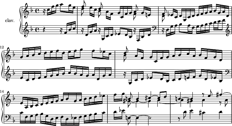 
\version "2.18.2"
\header {
  tagline=##f
}
upper=\relative c'' {
  \clef treble
  \key f \major
  \time 4/4
  \tempo 4=92
  \set Score.currentBarNumber=#10

  \partial 2
  r16 c16 f g a8 g16 e 
  << { f8 s8 d s4. a8 g16[ e!]|f8 } \\ { d'8 e16[ c] bes8 a16[ f] \stemUp g c, f g \stemDown f8 s8|d8 } >>

  % Ms. 11
  ees16 c d g, c d ees f g a bes g a d,|g a bes c d e f  d e f g8 f ees16 c|
  << { d8 a16[ f] g c, f g a bes c a bes f g d } \\ { bes'8 } >>
  e,16 a, bes c d e f g a bes g a bes c d ees|f g 
  << { b,!8 b4 cis~ cis8 d b!4~ b r8 e8 fis4~ \hideNotes fis16*0 } \\ { gis,8~ gis4 ~ gis a~|a gis4 a r8 a8 } >>  

}

lower=\relative c {
  \clef bass
  \key f \major
  \time 4/4
    
  \clef treble  r4 r16 f'16 bes c|r16 d,16 g a r16 g,16 c d ees8 d16 bes r16 f16 bes d|

  % Ms. 11
  \clef bass r16 d,16 g a bes8 a16 f g a bes c d e f8|\clef treble e16 c d e f g a bes c bes a g a d, g a|
  r16 g,16 c d ees8 d16 bes c d e f g d ees bes|
  \clef bass c16 f, g a bes g d e f d ees f g a bes c|d[ ees] \tempo 4=78 e,!8~ \tempo 4=92 e4~ e2|r8 d'8 e4 cis d|
   
}

\score {
  \new PianoStaff <<
    \set PianoStaff.instrumentName=#"clav."
    \new Staff="upper" \upper
    \new Staff="lower" \lower
  >>
  \layout {
      #(layout-set-staff-size 17)
    \context {
      \Score
      \override SpacingSpanner.common-shortest-duration=#(ly:make-moment 1/2)
      \remove "Metronome_mark_engraver"
    }
  }
  \midi { \set Staff.midiInstrument=#"harpsichord" }
}
