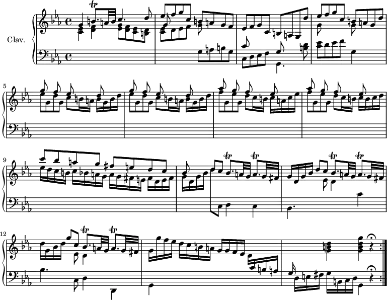 \version "2.18.2"
\header {
tagline = ##f
}
%% les petites notes
trillBqp = { \tag #'print { b8.\trill } \tag #'midi { c32 b c b c b } }
trillBesqp = { \tag #'print { bes8.\trill } \tag #'midi { c32 bes c bes c bes } }
trillAqp = { \tag #'print { a8.\trill } \tag #'midi { bes32 a bes a bes a } }
upper = \relative c'' {
\clef treble
\key c \minor
\time 4/4
\tempo 4 = 84
\set Staff.midiInstrument = #"harpsichord"
\repeat volta 2 {
g4 \trillBqp a32 b \stemUp c4. d8 | << { ees f g c, b a g f | ees f g c, b a g d'' } \\ { \shiftOn \stemUp g,8 s8 s4 \stemDown g8 s8 s4 } >>
% ms. 4
<< { ees'8 f g c, b a g d' } \\ { g,8 s8 s4 g8 } >> | \stemDown \repeat unfold 2 { ees'8 g, d' g, c8 b16 a b g b d }
% ms. 7
f8 g, ees' g, d' c16 b c a c ees | f8 g, ees' g, d' c16 b c b c d | ees16 d c b c bes a g a g fis e fis d e fis |
% ms. 10
\repeat unfold 2 { g16 d g bes \stemUp d8 c \stemNeutral \trillBesqp a32 g \trillAqp g32 fis } | d'16 g, bes d << { g8 c, \trillBesqp a32 g \trillAqp g32 fis } \\ { s8 ees8 d4 } >>
% ms. 13
g16 g' f ees d c b a g g f ees d \change Staff = "lower" c b a | \stemUp g16 \stemNeutral \change Staff = "upper" s16 s8 < g' b d >4 < g b d g > r4\fermata
}% reprise
}
lower = \relative c' {
\clef bass
\key c \minor
\time 4/4
\set Staff.midiInstrument = #"harpsichord"
\repeat volta 2 {
% *****************************
\stemDown \change Staff = "upper" < c ees >4 < d f> < ees g >8 < d f > < c ees > < b d > | < c ees > d8 ees f \change Staff = "lower" g, a b g | << { c8 s8 s4 g8 } \\ { c,8 d ees f | g,4. } >> < b' d >8
% ms. 4
< c ees >8 d ees f | g,4 s4 | \stemUp \change Staff = "upper" \repeat unfold 2 { g''8 s8 f8 s8 ees8 s8 d8 s8 } |
% ms. 7
\repeat unfold 2 { aes'8 s8 g8 s8 f8 s8 ees8 s8 } | c'8 bes a g fis e d c |
% ms. 10
bes s8 \stemDown d8 \change Staff = "lower" c,, d4 c | bes4. \change Staff = "upper" ees'8 d4 \change Staff = "lower" c4 | bes4. c,8 d4 d,
% ms. 13
| g4 s16 s2. | \tempo 4 = 78 d'16 e fis g b, \tempo 4 = 68 c d \tempo 4 = 50 g,4 r4\fermata \tempo 4 = 84
}% reprise
}
thePianoStaff = \new PianoStaff <<
\set PianoStaff.instrumentName = #"Clav."
\new Staff = "upper" \upper
\new Staff = "lower" \lower
>>
\score {
\keepWithTag #'print \thePianoStaff
\layout {
#(layout-set-staff-size 17)
\context {
\Score
\override SpacingSpanner.common-shortest-duration = #(ly:make-moment 1/2)
\remove "Metronome_mark_engraver"
}
}
}
\score {
\unfoldRepeats
\keepWithTag #'midi \thePianoStaff
\midi { }
}