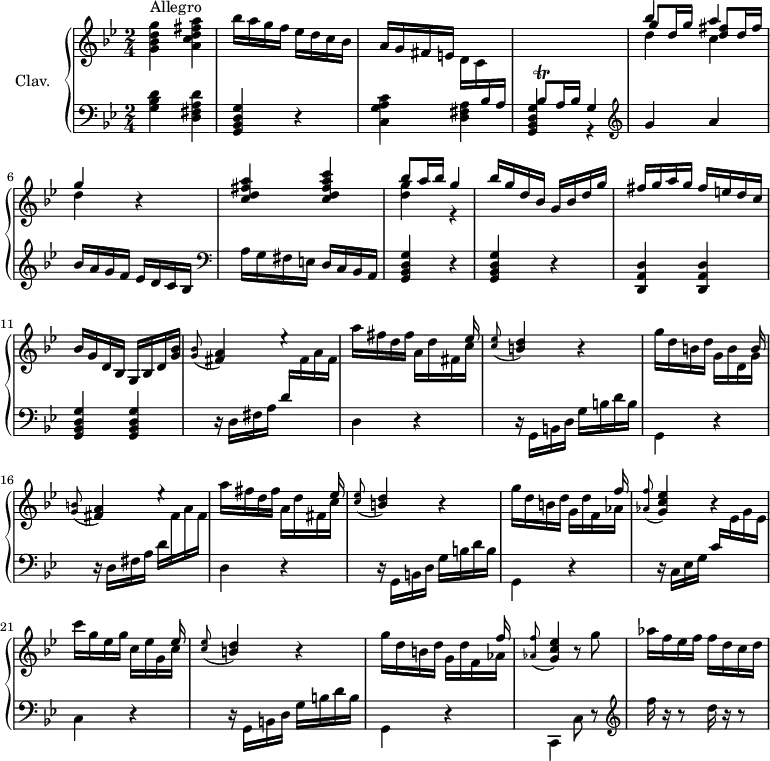 \version "2.18.2"
\header {
tagline = ##f
% composer = "Domenico Scarlatti"
% opus = "K. 31"
% meter = "Allegro"
}
%% les petites notes
trillBesq = { \tag #'print { bes8\trill } \tag #'midi { c32 bes c bes } }
appoGCEes = { \tag #'print { \appoggiatura < aes f' >8 < g c ees >4 } \tag #'midi { < aes f' >8 < g c ees >8 } }
appoBD = { \tag #'print { \appoggiatura < c ees >8 < b d >4 } \tag #'midi { < c ees >8 < b d >8 } }
appoFisA = { \tag #'print { \appoggiatura < g b >8 < fis a >4 } \tag #'midi { < g b >8 < fis a >8 } }
appoFisABes = { \tag #'print { \appoggiatura < g bes >8 < fis a >4 } \tag #'midi { < g bes >8 < fis a >8 } }
upper = \relative c'' {
\clef treble
\key g \minor
\time 2/4
\tempo 4 = 92
\set Staff.midiInstrument = #"harpsichord"
\override TupletBracket.bracket-visibility = ##f
s8*0^\markup{Allegro}
< g bes d g >4 < a c d fis a > bes'16 a g f ees d c bes | a g fis e d c \stemUp \change Staff = "lower" bes a | \trillBesq a16 bes g4 | \change Staff = "upper" << { bes''4 a | g } \\ { \shiftOn \stemUp g8 d16 g < d fis >8 d16 fis } \\ { \stemDown d4 c | d } >> r4 |
% ms. 7
< c d fis a >4 < c d fis a c > | << { bes'8 a16 bes | g4 } \\ { < d g >4 r4 } >> | bes'16 g d bes g bes d g | fis g a g fis e d c |
% ms. 11
bes16 g d bes g bes d < g bes > | \appoFisABes e'4\rest | << { s4 s16 s8 ees16 } \\ { a16 fis d fis a,16 d fis, c' } >> | \appoBD r4 | << { s4 s16 s8 b16 } \\ { g'16 d b d g, b d, g } >>
% ms. 16
\appoFisA e'4\rest << { s4 s16 s8 ees16 } \\ { a16 fis d fis a,16 d fis, c' } >> | \appoBD r4 | << { s4 s16 s8 f'16 } \\ { g16 d b d g, d' f, aes } >> \appoGCEes r4
% ms. 21
<< { s4 s16 s8 ees'16 } \\ { c'16 g ees g c, ees g, c } >> | \appoBD r4 | << { s4 s16 s8 f'16 } \\ { g16 d b d g, d' f, aes } >> \appoGCEes r8 \stemNeutral g'8 | aes16 f ees f f d c d |
}
lower = \relative c' {
\clef bass
\key g \minor
\time 2/4
\set Staff.midiInstrument = #"harpsichord"
\override TupletBracket.bracket-visibility = ##f
% ************************************** \appoggiatura a8 \repeat unfold 2 { } \times 2/3 { } \omit TupletNumber
< g bes d >4 < d fis a d > | < g, bes d g > r4 | < c g' a c >4 < d fis a > | < g, bes d g > r4 | \clef treble g''4 a |
% ms. 6
bes16 a g f ees d c bes | \clef bass a g fis e d c bes a | < g bes d g >4 r4 | q r4 | < d a' d >4 q |
% ms. 11
< g bes d g >4 q | \repeat unfold 2 { r16 d'16 fis a d \stemDown \change Staff = "upper" fis a fis | \change Staff = "lower" d,4 r4 | r16 g,16 b d g b d b | g,4 r4 } |
% ms. 16
r16 c16 ees g \stemUp c \stemDown \change Staff = "upper" ees g ees | \change Staff = "lower"
% ms. 21
c,4 r4 | r16 g16 b d g b d b | g,4 r4 | c,4 c'8 r8 | \clef treble f''16 r16 r8 d16 r16 r8 |
}
thePianoStaff = \new PianoStaff <<
\set PianoStaff.instrumentName = #"Clav."
\new Staff = "upper" \upper
\new Staff = "lower" \lower
>>
\score {
\keepWithTag #'print \thePianoStaff
\layout {
#(layout-set-staff-size 17)
\context {
\Score
\override SpacingSpanner.common-shortest-duration = #(ly:make-moment 1/2)
\remove "Metronome_mark_engraver"
}
}
}
\score {
\keepWithTag #'midi \thePianoStaff
\midi { }
}