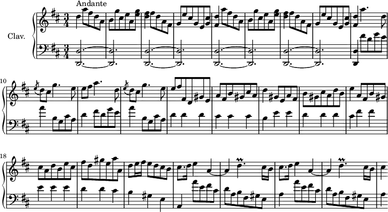\version "2.18.2"
\header {
tagline = ##f
% composer = "Domenico Scarlatti"
% opus = "K. 281"
% meter = "Allegro"
}
%% les petites notes
trillDp = { \tag #'print { d4.\prall } \tag #'midi { e32 d e d~ d4 } }
upper = \relative c'' {
\clef treble
\key d \major
\time 3/4
\tempo 4 = 106
\set Staff.midiInstrument = #"harpsichord"
\override TupletBracket.bracket-visibility = ##f
s8*0^\markup{Andante}
d4 \repeat unfold 2 { a'8 fis d a | b g' cis, e a, < e' g > | < d fis >4 fis8 d a fis | g e' cis g e < g cis >
% ms. 5
< fis d' >4 } a'4. d,8
% ms. 10
\acciaccatura e8 d8 cis g'4. e8 | e8 fis a4. d,8 | \acciaccatura e8 d8 cis g'4. e8 | e8 fis fis, d gis e | a fis b gis cis a |
% ms. 15
d4 gis,8 e a fis | b gis cis a d b | e4 a,8 fis b gis | cis a d b e cis | fis d gis e a a, |
% ms. 20
d8 e16 fis e8 d cis b | \repeat unfold 2 { cis8. d16 e4 a,4~ | a4 \trillDp cis16 b } |
% ms. 25
cis4
}
lower = \relative c' {
\clef bass
\key d \major
\time 3/4
\set Staff.midiInstrument = #"harpsichord"
\override TupletBracket.bracket-visibility = ##f
% ************************************** \appoggiatura a16 \repeat unfold 2 { } \times 2/3 { } \omit TupletNumber
\repeat unfold 4 { < d,, d' >2.~ q } | q4 \repeat unfold 2 { fis''8 d g e |
% ms. 10
a4 b,8 g cis a | d4 } d d | cis cis cis |
% ms. 15
b4 e e | d d d | cis fis fis | e e e | d d cis |
% ms. 20
b4 gis e | a, \repeat unfold 2 { a''8 e fis cis | d a b fis gis e |
% ms. 25
a4 }
}
thePianoStaff = \new PianoStaff <<
\set PianoStaff.instrumentName = #"Clav."
\new Staff = "upper" \upper
\new Staff = "lower" \lower
>>
\score {
\keepWithTag #'print \thePianoStaff
\layout {
#(layout-set-staff-size 17)
\context {
\Score
\override SpacingSpanner.common-shortest-duration = #(ly:make-moment 1/2)
\remove "Metronome_mark_engraver"
}
}
}
\score {
\keepWithTag #'midi \thePianoStaff
\midi { }
}
