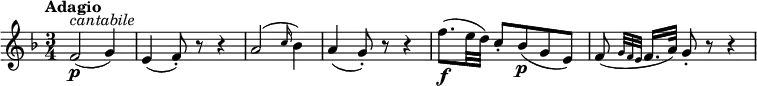 
\version "2.18.2"
\relative c'' {
  \key f \major
  \time 3/4
  \tempo "Adagio "
  \tempo 4 = 50
  f,2  \p ^ \markup{\italic cantabile } (g4)
  e4 (f8-.) r r4
  a2 (\grace c16 (bes4)) 
  a4 (g8-.) r r4
  f'8. \f (e32 d) c8-. bes \p (g e)
  f (\grace {g32 f e} f16. a32) g8-. r r4
  
}
