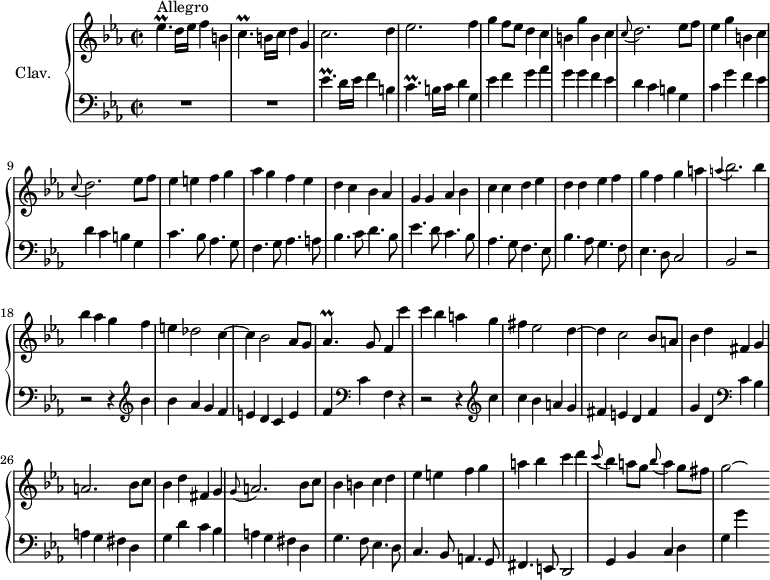 \version "2.18.2"
\header {
tagline = ##f
% composer = "Domenico Scarlatti"
% opus = "K. 254"
% meter = "Allegro"
}
%% les petites notes
trillEesp = { \tag #'print { ees4.\prall } \tag #'midi { f32 ees f ees~ ees4 } }
trillCesp = { \tag #'print { c4.\prall } \tag #'midi { d32 c d c~ c4 } }
trillAesp = { \tag #'print { aes4.\prall } \tag #'midi { bes32 aes bes aes~ aes4 } }
appoABesbp = { \tag #'print { \appoggiatura a4 bes2. } \tag #'midi { a2 \tempo 2 = 32 bes4 \tempo 2 = 76 } }
appoGAbp = { \tag #'print { \appoggiatura g8 a2. } \tag #'midi { g4 a2 } }
appoCDbp = { \tag #'print { \appoggiatura c8 d2. } \tag #'midi { c4 d2 } }
upper = \relative c'' {
\clef treble
\key c \minor
\time 2/2
\tempo 2 = 76
\set Staff.midiInstrument = #"harpsichord"
\override TupletBracket.bracket-visibility = ##f
s8*0^\markup{Allegro}
\trillEesp d16 ees f4 b, | \trillCesp b16 c d 4 g, | c2. d4 | ees2. f4 |
% ms. 5
g4 f8 ees d4 c | b g' b, c | \appoCDbp ees8 f | ees4 g b, c | \appoCDbp ees8 f |
% ms. 10
ees4 e f g | aes g f ees | d c bes aes | g g aes bes | c c d ees
% ms. 15
d4 d ees f | g f g a | \appoABesbp bes4 | bes aes g f | e des2 c4~ |
% ms. 20
c4 bes2 aes8 g | \trillAesp g8 f4 c'' | c bes a g | fis ees2 d4~ | d c2 bes8 a |
% ms. 25
bes4 d fis, g | a2. bes8 c | bes4 d fis, g | \appoGAbp bes8 c | bes4 b c d |
% ms. 30
ees e f g a bes c d | \appoggiatura c8 bes4 a8 g \appoggiatura bes8 a4 g8 fis | g2~ \hideNotes g8
}
lower = \relative c' {
\clef bass
\key c \minor
\time 2/2
\set Staff.midiInstrument = #"harpsichord"
\override TupletBracket.bracket-visibility = ##f
% ************************************** \appoggiatura a16 \repeat unfold 2 { } \times 2/3 { } \omit TupletNumber
R1*2 | \trillEesp d16 ees f4 b, | \trillCesp b16 c d4 g, |
% ms. 5
ees'4 f g aes | g g f ees | d c b g | c g' f ees d c b g |
% ms. 10
c4. bes8 aes4. g8 | f4. g8 aes4. a8 | bes4. c8 d4. bes8 | ees4. d8 c4. bes8 | aes4. g8 f4. ees8 |
% ms. 15
bes'4. aes8 g4. f8 | ees4. d8 c2 | bes2 r2 | r2 r4 \clef treble bes''4 | bes aes g f |
% ms. 20
e4 d c e | f \clef bass c f, r4 | r2 r4 \clef treble c''4 | c bes a g | fis e d fis |
% ms. 25
g4 d \clef bass c bes | a g fis d | g d' c bes | a g fis d | g4. f8 ees4. d8 |
% ms. 30
c4. bes8 a4. g8 | fis4. e8 d2 | g4 bes c d | g g' s4
}
thePianoStaff = \new PianoStaff <<
\set PianoStaff.instrumentName = #"Clav."
\new Staff = "upper" \upper
\new Staff = "lower" \lower
>>
\score {
\keepWithTag #'print \thePianoStaff
\layout {
#(layout-set-staff-size 17)
\context {
\Score
\override SpacingSpanner.common-shortest-duration = #(ly:make-moment 1/2)
\remove "Metronome_mark_engraver"
}
}
}
\score {
\keepWithTag #'midi \thePianoStaff
\midi { }
}