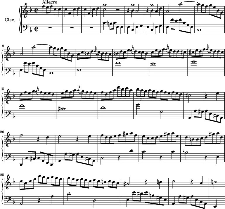 
\version "2.18.2"
\header {
  tagline = ##f
}

%% les petites notes
trillC     = { \tag #'print { c2\prall } \tag #'midi { d16 c d c~ c4 } }
trillBes   = { \tag #'print { bes4\prall } \tag #'midi { c16 bes c bes~ } }



upper = \relative c'' {
  \clef treble 
  \key f \major
  \time 2/2
  \tempo 2 = 86
  \set Staff.midiInstrument = #"harpsichord"
  \override TupletBracket.bracket-visibility = ##f
  

     s8*0^\markup{Allegro}
     f4 e8 f c4 c | c f, c' d | c f, c' d | \trillC r2 | r4 \trillBes a2 |
     % ms. 6
     r4 \trillBes a4 d | \repeat unfold 2 { a2 a'~ | a4 g8 f g e bes g } |
     % ms. 11
     a8 c b d  \appoggiatura d16 c8 b b a | b d c e \appoggiatura e16 d8 c c b | c e d f \appoggiatura f16 e8 d d cis | cis e d f \appoggiatura f16 e8 d d cis |
     % ms. 15
     d8 f e g \appoggiatura g16 f8 e e d  | e g f a \appoggiatura a16 g8 f f e | f d f a d bes c a | \times 2/3 { bes8 a g } \omit TupletNumber \times 2/3 { a8[ g f] } \times 2/3 { g8 f e } \times 2/3 { f8[ e d] } |
     % ms. 19
     cis2 r4 e4 | f2 r4 d4 | e2 r4 e4 | f8 d d e f gis a f | e c c d e gis a e |
     % ms. 24 \omit TupletNumber
     d8 b b c d gis a d, | c a c e \times 2/3 { a8[ g f] } \times 2/3 { g8 f e } | \times 2/3 { f8[ e d] } \times 2/3 { e8 d c } \times 2/3 { d8[ c b] } \times 2/3 { c8 b a } | gis2 r4 b4 |
     % ms. 28
     c2 r4 a4 | b2

}

lower = \relative c' {
  \clef bass
  \key f \major
  \time 2/2
  \set Staff.midiInstrument = #"harpsichord"

    % **************************************
      R1*3 | c4 b8 c f,4 f f c f g | f c f g | \repeat unfold 2 { f4 f'8 e f c a f | c1 } |
      % ms. 11
      f1 f' e g f cis d | g2 g, |
      % ms. 19
      a,4 a'8 gis a e cis a | d,4 d'8 cis d a f d | a'4 a'8 gis a e cis a | d2 r4 d'4 | c2 r4 c4 |  
      % ms. 24
      b2 r4 e,4 | a,2 r4 a'4 | d2 d, | e4 e'8 dis e b gis e |
      % ms. 28
      a,4 a'8 gis a e c a | e4 s4

}

thePianoStaff = \new PianoStaff <<
    \set PianoStaff.instrumentName = #"Clav."
    \new Staff = "upper" \upper
    \new Staff = "lower" \lower
  >>

\score {
  \keepWithTag #'print \thePianoStaff
  \layout {
      #(layout-set-staff-size 17)
    \context {
      \Score
     \override SpacingSpanner.common-shortest-duration = #(ly:make-moment 1/2)
      \remove "Metronome_mark_engraver"
    }
  }
}

\score {
  \keepWithTag #'midi \thePianoStaff
  \midi { }
}
