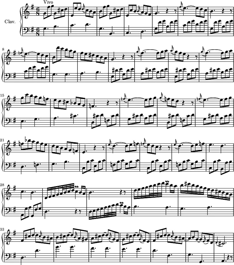 \version "2.18.2"
\header {
tagline = ##f
}
%% les petites notes
AppoCisb = { \tag #'print { \appoggiatura d4 cis2. } \tag #'midi { d4 cis2 } }
trillC = { \tag #'print { c4\prall } \tag #'midi { d32 c d c~ c8 } }
upper = \relative c'' {
\clef treble
\key g \major
\time 6/8
\tempo 4. = 84
\set Staff.midiInstrument = #"harpsichord"
\override TupletBracket.bracket-visibility = ##f
s8*0^\markup{Vivo}
g8 fis' g g, cis d | e, e' d \appoggiatura d16 c8 b a | b fis' g g, cis d | e, c' b \appoggiatura b16 a8 g fis |
% ms. 5
g4. r4 r8 | \appoggiatura fis'16 e4.~ e8 d c | b4. r4 r8 | \appoggiatura f'16 e4.~ e8 d c | b8 d' c b a g |
% ms. 10
fis8 e dis c b a | g4. r4 r8 | \appoggiatura g'16 fis4.~ fis8 g a | \appoggiatura a16 g8 fis e r4 r8 | \appoggiatura g16 fis4.~ fis8 g a |
% ms. 15
g8 c b a g f | e d cis bes a g | f4. r4 r8 | \appoggiatura f'16 e4.~ e8 f g | \appoggiatura g16 f8 e d r4 r8 |
% ms. 20
\appoggiatura f16 e4.~ e8 f g | f8 bes a g f e | d c b a g f | e4. r4 r8
% ms. 24
\appoggiatura e'16 d4.~ d8 e f | \appoggiatura f16 e8 d c r4 r8 | \appoggiatura e16 d4.~ d8 e f | e4. d |
% ms. 28
c4. b | d,16 e fis g a32 b c d \trillC b16 a | b4. r4 r8 | d16 e fis g a32 b c d \trillC b16 a |
% ms. 32
b16 cis b a g fis e d cis b a g | fis8 cis' d~ d \appoggiatura cis16 b8 ais | b cis d~ d \appoggiatura b16 a8 gis | a cis d~ d \appoggiatura a16 g8 fis |
% ms. 36
g8 cis d~ d \appoggiatura g,16 fis8 e | fis cis' d~ d \appoggiatura cis16 b8 ais~ | ais b g~ g \appoggiatura e16 fis8 d | \AppoCisb |
}
lower = \relative c' {
\clef bass
\key g \major
\time 6/8
\set Staff.midiInstrument = #"harpsichord"
\override TupletBracket.bracket-visibility = ##f
% **************************************
g4. b c d g, b, c d |
% ms. 5
\repeat unfold 2 { g8 fis' g | b, fis' g | c, fis g | d fis g } | g,4. g |
% ms. 10
a4. b | \repeat unfold 2 { e,8 dis' e g, dis' e | a, dis e b dis e } |
% ms. 15
e,4. g | a cis | \repeat unfold 2 { d,8 cis' d f, cis' d | g, cis d a cis d } |
% ms. 21
d,4. f | g b | c,8 b' c e, b' c |
% ms. 24
f,8 b c g b c | c, b' c e, b' c | f, b c g b c | c, b' c b, a' b |
% ms. 28
a,8 g' a g, fis' g | d4. r4 r8 | d16 e fis g a32 b c d \trillC b16 a | b4. a g a | d, d' | g g | fis fis |
% ms. 36
e4. e d fis, g g, | a r4 r8 |
}
thePianoStaff = \new PianoStaff <<
\set PianoStaff.instrumentName = #"Clav."
\new Staff = "upper" \upper
\new Staff = "lower" \lower
>>
\score {
\keepWithTag #'print \thePianoStaff
\layout {
#(layout-set-staff-size 17)
\context {
\Score
\override SpacingSpanner.common-shortest-duration = #(ly:make-moment 1/2)
\remove "Metronome_mark_engraver"
}
}
}
\score {
\keepWithTag #'midi \thePianoStaff
\midi { }
}