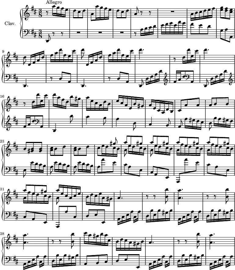 
\version "2.18.2"
\header {
  tagline = ##f
  % composer = "Domenico Scarlatti"
  % opus = "K. 400"
  % meter = "Allegro"
}

%% les petites notes
%trillBesp     = { \tag #'print { bes4.\prall } \tag #'midi { c32 bes c bes~ bes4 } }

upper = \relative c'' {
  \clef treble 
  \key d \major
  \time 3/8
  \tempo 4. = 72
  \set Staff.midiInstrument = #"harpsichord"
  \override TupletBracket.bracket-visibility = ##f

      s8*0^\markup{Allegro}
      r8 \repeat unfold 2 { a'16 g fis e | d8 cis d | a } | r8 r8 | R4.
      % ms. 7
      a16 b cis d e fis | < e g >8 < d fis > < cis e > | d8 d,16[ fis a d] | fis a d fis, e cis' | d8 d,,16[ fis a d] | fis a d fis, e cis' | d4. | 
      % ms. 14
      r8 d,16 d' e, cis' | d4. | r8 d,16 d' e, cis' | d a fis d b'[ gis] | a e cis a d b | e cis a e b' gis | a e cis a d b |
      % ms. 21
      cis8 a' a | a b b | b < gis b > q | \repeat unfold 2 { < a cis > b d } | 
      % ms. 26
      << { s4 gis8 | \repeat unfold 5 { a8 e gis } | a16 e cis a cis e } 
      \\ { cis8 e16 d cis b | \repeat unfold 2 { a8 e'16[ d cis b] } | \repeat unfold 3 { a16 fis' e d cis b } | a8 } >> | b16 d cis e a, gis | a4. |
      % ms. 35
      \repeat unfold 2 { r8 r8 < b b' >8 | < a a' >4. } | r8 r8 < b b' >8 | cis'16 a gis b a cis, | b d cis a gis b |
      % ms. 42
      a4. | r8 r8 < b b' >8 | < a a' >4.

}

lower = \relative c' {
  \clef bass
  \key d \major
  \time 3/8
  \set Staff.midiInstrument = #"harpsichord"
  \override TupletBracket.bracket-visibility = ##f

    % ************************************** \appoggiatura a16  \repeat unfold 2 {  } \times 2/3 { }   \omit TupletNumber 
      d,,8 r8 r8 | R4.*3 | r8 a''16 b cis d | e fis g e a g |
      % ms. 7
      fis8 e d | g, a a, | d,4. | r8 d'8 a | d,4. | r8 d'8 a | \repeat unfold 2 { d,8 d'16[ fis a d] |  \clef treble 
      % ms. 14
      fis16 a d8   \clef bass a,, } | d,4 d''8 | cis4 b8 | a4 d,8 | cis4 b8 |
      % ms. 21
      a8 a'16[ gis fis e] | d8 b'16[ a gis fis] | e8 \repeat unfold 3 { e'16[ d cis b] | a8 } \repeat unfold 2 { a' e | cis a e |
      % ms. 28
      cis8 a e | a, } a'' cis, | d e e, | \repeat unfold 3 { a16 cis e a cis,[ a'] |
      % ms. 35
      d,16 b' e, b' gis b } | a,8 b cis | d e e, |
      % ms. 42
      a16 cis e a cis,[ a'] | d,16 b' e, b' gis b | a,16 cis e a cis,[ a'] |

}

thePianoStaff = \new PianoStaff <<
    \set PianoStaff.instrumentName = #"Clav."
    \new Staff = "upper" \upper
    \new Staff = "lower" \lower
  >>

\score {
  \keepWithTag #'print \thePianoStaff
  \layout {
      #(layout-set-staff-size 17)
    \context {
      \Score
     \override SpacingSpanner.common-shortest-duration = #(ly:make-moment 1/2)
      \remove "Metronome_mark_engraver"
    }
  }
}

\score {
  \keepWithTag #'midi \thePianoStaff
  \midi { }
}
