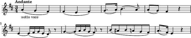 \relative c'' {
\version "2.18.2"
\tempo "Andante"
\key d \major
\time 3/4
\tempo 4 = 70
a4 _ \markup{sotto voce} (g fis)
fis (e fis)
g8. (a16) b4. (a8)
a (g) fis4 r
e4 ~ e16 (fis g e d8) r
g4 ~ g16 (a b g fis8) r
b8 (ais b a g fis)
a8. (fis16) e4 r
}