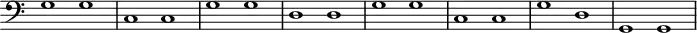 
\header {
  tagline = ##f
}

\score {
  \new Staff \with {
    \remove "Time_signature_engraver"

  }
<<
  \relative c' {
    \key c \major
    \clef bass
    \time 4/2
    \tempo 1 = 70
    \override TupletBracket #'bracket-visibility = ##f 
    \autoBeamOff
    \set Staff.midiInstrument = #"cello"

     %%%%%%%%%%%%%%%%%%%%%%%%%% Passa
     g1 g c, c g' g d d g g c, c g' d g, g

  }
>>
  \layout {
    \context { \Score \remove "Metronome_mark_engraver" }
   
  }
  \midi {}
}
