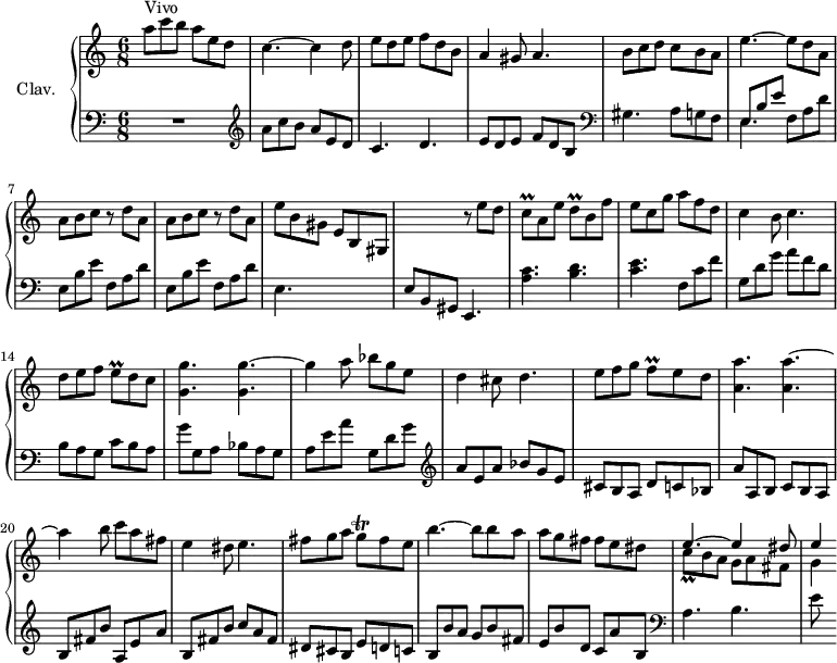 \version "2.18.2"
\header {
tagline = ##f
}
%% les petites notes
trillCq = { \tag #'print { c8\prall } \tag #'midi { \times 2/3 { d32 c d } c16 } }
trillDq = { \tag #'print { d8\prall } \tag #'midi { \times 2/3 { e32 d e } d16 } }
trillEq = { \tag #'print { e8\prall } \tag #'midi { \times 2/3 { f32 e f } e16 } }
trillFq = { \tag #'print { f8\prall } \tag #'midi { \times 2/3 { g32 f g } f16 } }
trillGq = { \tag #'print { g8\trill } \tag #'midi { \times 2/3 { a32 g a } g16 } }
upper = \relative c'' {
\clef treble
\key a \minor
\time 6/8
\tempo 4. = 120
\set Staff.midiInstrument = #"harpsichord"
\override TupletBracket.bracket-visibility = ##f
s4*0^\markup{Vivo} a'8 c b a e d | c4.~ c4 d8 | e d e f d b | a4 gis8 a4. |
% ms. 5
b8 c d c b a | e'4.~ e8 d a | \repeat unfold 2 { a8 b c r8 d8 a } | e'8 b gis e b gis |
% ms. 10
s4. r8 e''8 d | \trillCq a8 e' \trillDq b8 f' | e c g' a f d | c4 b8 c4. | d8 e f \trillEq d8 c |
% ms. 15
< g g' >4. q~ | g'4 a8 bes g e | d4 cis8 d4. | e8 f g \trillFq e8 d | < a a' >4. q~ |
% ms. 20
a'4 b8 c a fis | e4 dis8 e4. | fis8 g a \trillGq fis8 e | b'4.~ b8 b a | a g fis fis e dis |
% ms. 25
<< { e4.~ e4 dis8 | e4 } \\ { \trillCq b8 a g a fis | g4 } >>
}
lower = \relative c' {
\clef bass
\key a \minor
\time 6/8
\set Staff.midiInstrument = #"harpsichord"
\override TupletBracket.bracket-visibility = ##f
% **************************************
R2. | \clef treble a'8 c b a e d | c4. d | e8 d e f d b |
% ms. 5
\clef bass gis4. a8 g f | << { \mergeDifferentlyDottedOn e8 b' e } \\ { e,4. } >> f8 a d | \repeat unfold 2 { e,8 b' e | f, a d } e,4. s4. |
% ms. 10
e8 b gis e4. | < a' c >4. < b d > | < c e > f,8 c' f | g, d' g a f d | b a g c b a |
% ms. 15
g' g, a bes a g | a e' a g, d' g | \clef treble a8 e a bes g e | cis b a d c bes | a' a, b c b a |
% ms. 20
b fis' b a, e' a | b, fis' b c a fis | dis cis b e d c | b b' a g b fis | e b' d, c a' b, |
% ms. 25
\clef bass a4. b | e8
}
thePianoStaff = \new PianoStaff <<
\set PianoStaff.instrumentName = #"Clav."
\new Staff = "upper" \upper
\new Staff = "lower" \lower
>>
\score {
\keepWithTag #'print \thePianoStaff
\layout {
#(layout-set-staff-size 17)
\context {
\Score
\override SpacingSpanner.common-shortest-duration = #(ly:make-moment 1/2)
\remove "Metronome_mark_engraver"
}
}
}
\score {
\keepWithTag #'midi \thePianoStaff
\midi { }
}