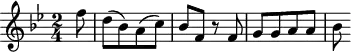 
\header {
  tagline = ##f
}

\score {
  \new Staff \with {

  }
<<
  \relative c'' {
    \key bes \major
    \time 2/4
    \override TupletBracket #'bracket-visibility = ##f 
    %\autoBeamOff

     %%%%%%%%%%%%%%%%%%%%%%%%%% K3
     \partial 8 f8 d[( bes) a( c)] bes f r8 f g[ g a a] bes

  }
>>
  \layout {
    \context {
      \remove "Metronome_mark_engraver"
    }
  }
  \midi {}
}
