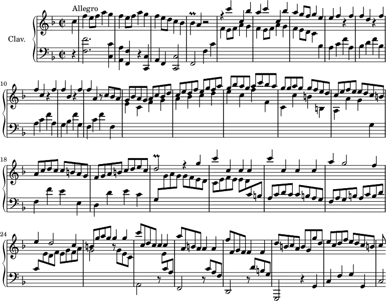 \version "2.18.2"
\header {
tagline = ##f
% title = "Sonate en fa majeur"
% composer = "Domenico Scarlatti"
% opus = "K. 438"
% meter = "Allegro"
}
%% les petites notes
trillDb = { \tag #'print { d2\prall } \tag #'midi { e32 d e d~ d8~ d4 } }
trillBes = { \tag #'print { bes4\prall } \tag #'midi { c32 bes c bes~ bes8 } }
upper = \relative c'' {
\clef treble
\key f \major
\time 2/2
\tempo 2 = 92
\set Staff.midiInstrument = #"harpsichord"
\override TupletBracket.bracket-visibility = ##f
\partial 4
s8*0^\markup{Allegro}
c4 | \repeat unfold 2 { f4 e8 f a4 g } | f e8 d c4 bes | \trillBes a4 r2 |
% ms. 5
\stemUp r4 c'4 c, bes' | a c c, bes' | a g8 f g4 e | e f r4 f f d r4 f |f c r4 f |
% ms. 11
f4 bes, r4 f' | f a, r8 c8 bes a | g bes a g a c bes d |c e d f e g f a | g bes a g a c bes a |
% ms. 16
g8 g a g g f e d | c e f e e d c b | a c d c c b a g | f g a b c d e c |
% ms. 20
\trillDb r4 g4 | \repeat unfold 2 { c4 c, c c } | a' g2 f4 |
% ms. 24
e4 d2 c4 | b8 g' a g g4 g | c8 c, d c c4 c | a'8 a, b a a4 a |
% ms. 28
f'8 f, g f f4 f | d'8 b c a b g g' d | e c d f e d c b | c
}
lower = \relative c' {
\clef bass
\key f \major
\time 2/2
\set Staff.midiInstrument = #"harpsichord"
\override TupletBracket.bracket-visibility = ##f
% ************************************** \appoggiatura \repeat unfold 2 { } \times 2/3 { }
r4 | < f, f' >2. < c c' >4 | < a a' > < f f' > r4 < c c' > | a' f < c c' >2 | f2 f'4 c' | \stemDown \change Staff = "upper"
% ms. 3
\repeat unfold 2 { f4 e8 f a4 g } | f4 e8 d c4 | \change Staff = "lower" bes a c f a, | bes d f bes, | a c f a, |
% ms. 11
g4 bes f' g, | f c' f f, | \stemDown \change Staff = "upper" e'4 c f g a bes c d | e c f f, |
% ms. 16
c4 c' b b, | a a' g \change Staff = "lower" g, | f f' e e, | d d' e c |
% ms. 20
\stemUp g8 \stemDown \change Staff = "upper" g' a g g f e d | c e f e e d \stemUp \change Staff = "lower" c b | a c d c c b a g | f a g b a c b d |
% ms. 24
c8 \stemDown \change Staff = "upper" e d f e g f a | g2 r8 g8 e c | \change Staff = "lower" a,2 r8 \stemDown \change Staff = "upper" e''8 \stemUp \change Staff = "lower" c a | f,2 r8 c''8 a f |
% ms. 28
d,2 r8 d''8 b g | g,,2 r4 g'4 | c f g g, | c2*1/4
}
thePianoStaff = \new PianoStaff <<
\set PianoStaff.instrumentName = #"Clav."
\new Staff = "upper" \upper
\new Staff = "lower" \lower
>>
\score {
\keepWithTag #'print \thePianoStaff
\layout {
#(layout-set-staff-size 17)
\context {
\Score
\override SpacingSpanner.common-shortest-duration = #(ly:make-moment 1/2)
\remove "Metronome_mark_engraver"
}
}
}
\score {
\keepWithTag #'midi \thePianoStaff
\midi { }
}